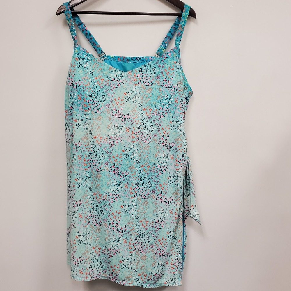 Lands End Womens Sleeveless V Neck Floral Swim Dress Size 24W Blue Beach Ocean